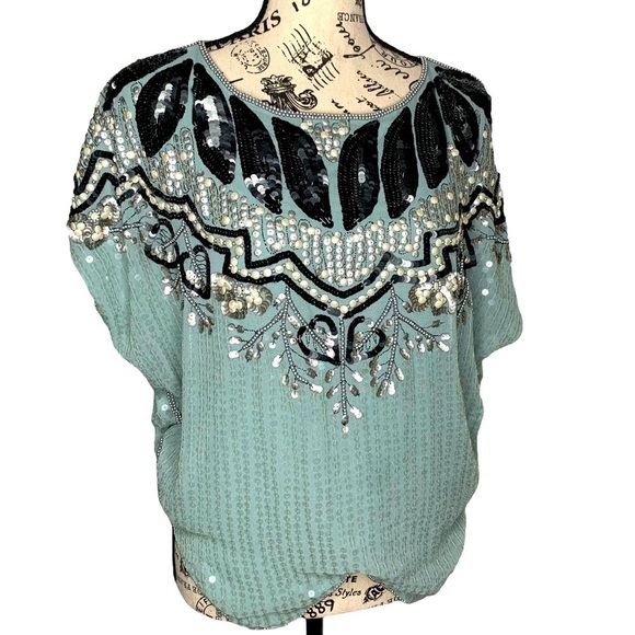 VTG Top Shop Flapper Great Gatsby Teal Blue Beaded Sequin Short Sleeve Tunic 2 - Picture 1 of 16